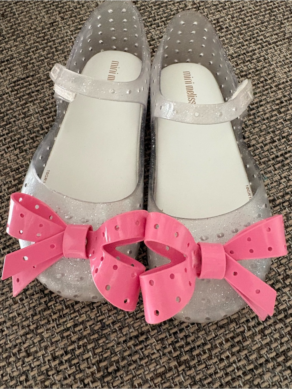 Mini Melissa Clear Glitter Jelly Flats with Pink Bow Accents